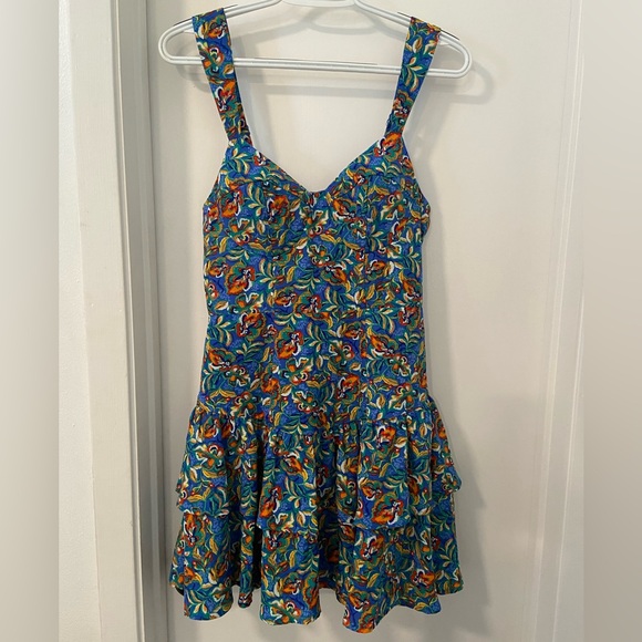 City Studio LIKE NEW tropical blue print floral tiered ruffle skirt mini dress - Picture 2 of 10